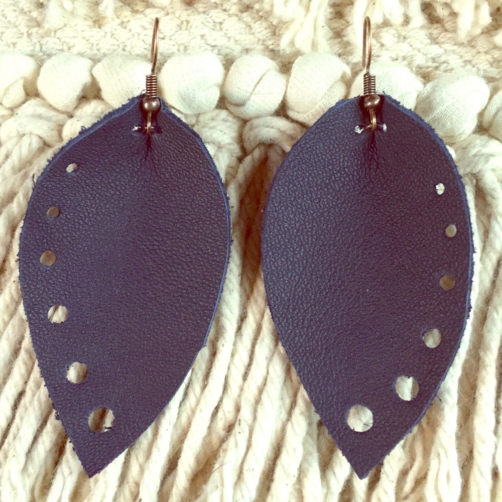 Navy Blue leather leaf earrings